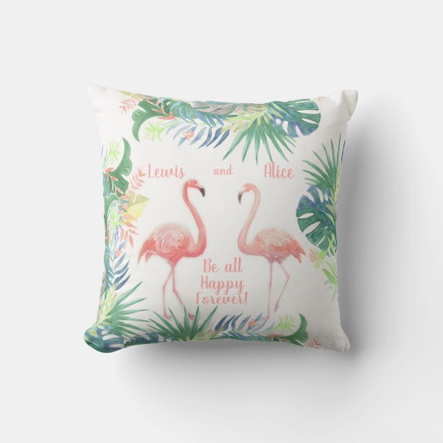 Be all Happy Forever! Fairy Tale Two Pink Flamingo Throw Pillow (Front)