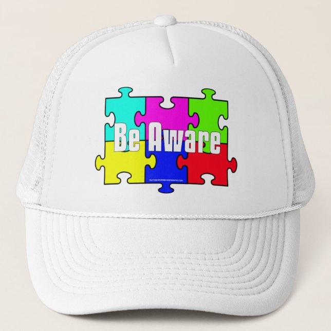 "Be Aware" Puzzle Pieces Autism Awareness Hats (Front)