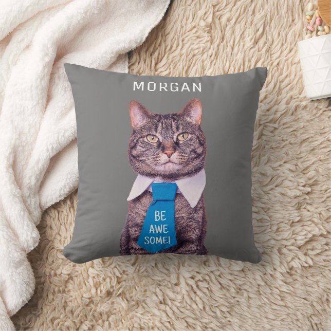 BE AWESOME! Cat Blue Tie Your Message & Name Grey Throw Pillow (Blanket)
