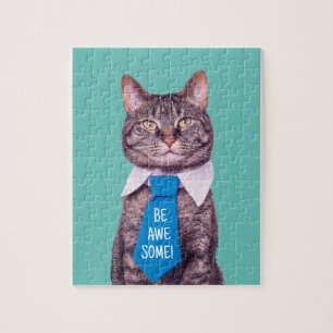"BE AWESOME!" Cat in Blue Tie, Teal, Your Messag Jigsaw Puzzle