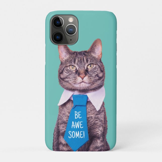 "BE AWESOME!" Cat in Blue Tie, Teal, Your Message Case-Mate iPhone Case (Back)