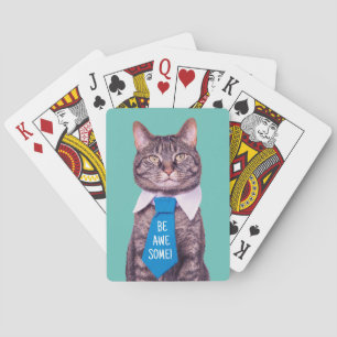 "BE AWESOME!" Cat in Blue Tie, Teal, Your Message Playing Cards