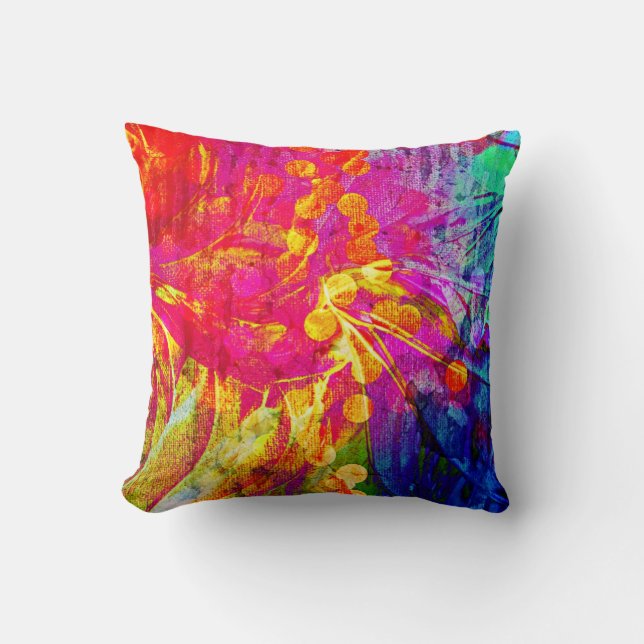 BE BOLD Rainbow Floral Swirls Abstract Painting Throw Pillow (Front)
