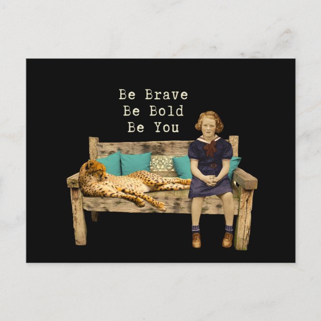 Be Brave Vintage Schoolgirl & Cheetah Campy Postcard (Front)