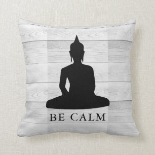 Be Calm Buddha Rustic Wood Motivational Throw Pillow