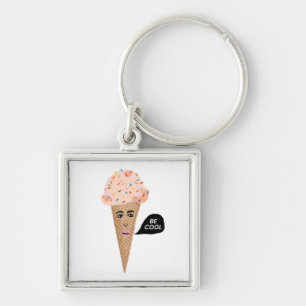 "BE COOL" Pink Ice Cream Cone with Sprinkles Funny Keychain
