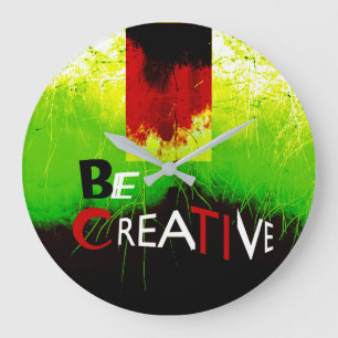 "Be Creative" Black Red-Orange Green on White Large Clock