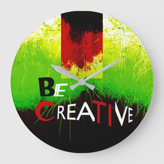 "Be Creative" Black Red-Orange Green on White  Large Clock (Front)