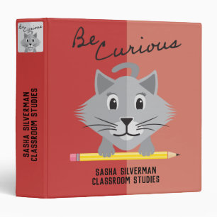 Be Curious Grey Cat Holding Pencil Apple Red Binder
