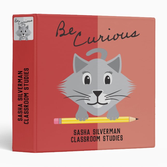 Be Curious Grey Cat Holding Pencil Apple Red Binder (Front/Spine)