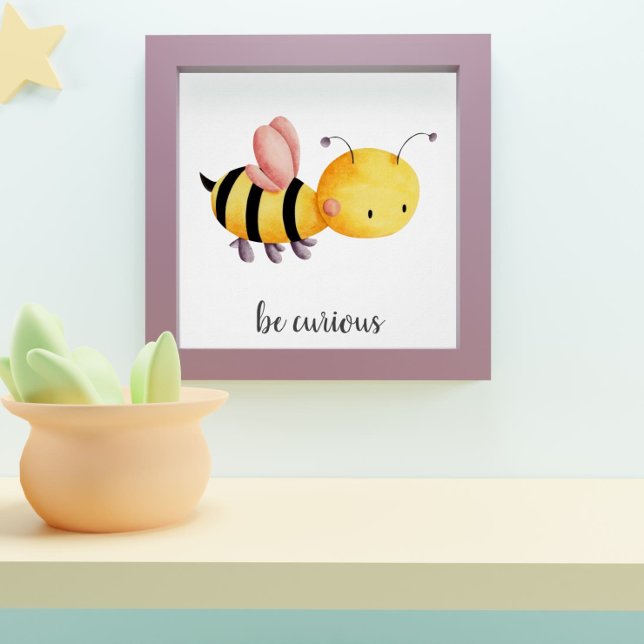 Be Curious Yellow and Pink Bee Kids Nursery Poster (Creator Uploaded)