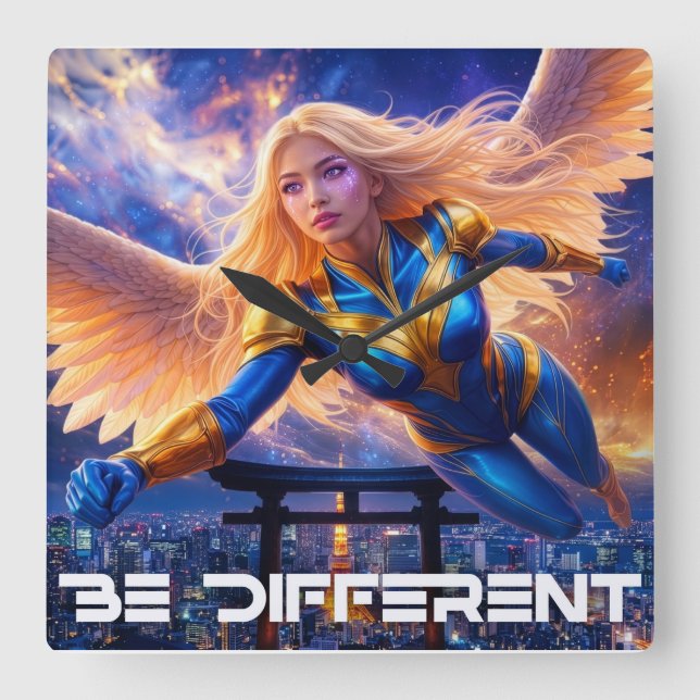 BE DIFFERENT - Female Angel Hero Above Tokyo Square Wall Clock (Front)