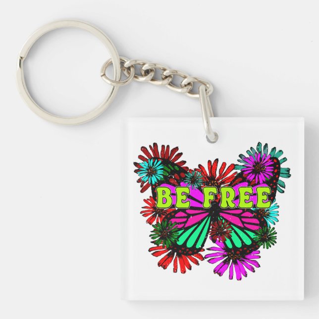 Be Free - Colourful Butterfly And Flowers Hippie Keychain (Front)