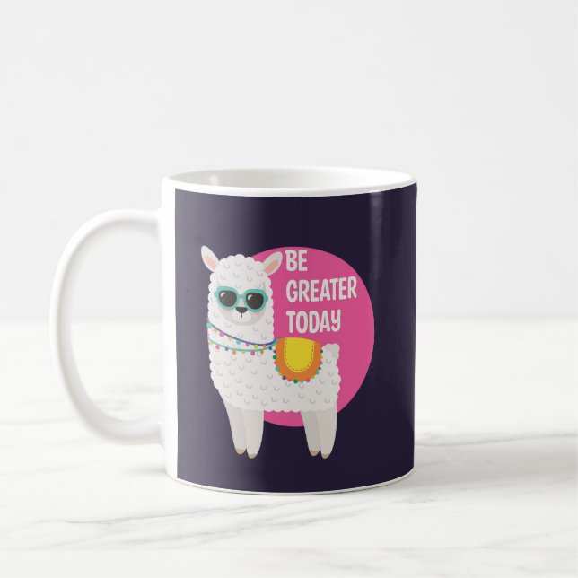 Be Greater Today Funny Llama Wears Sunglasses Pink Coffee Mug (Left)