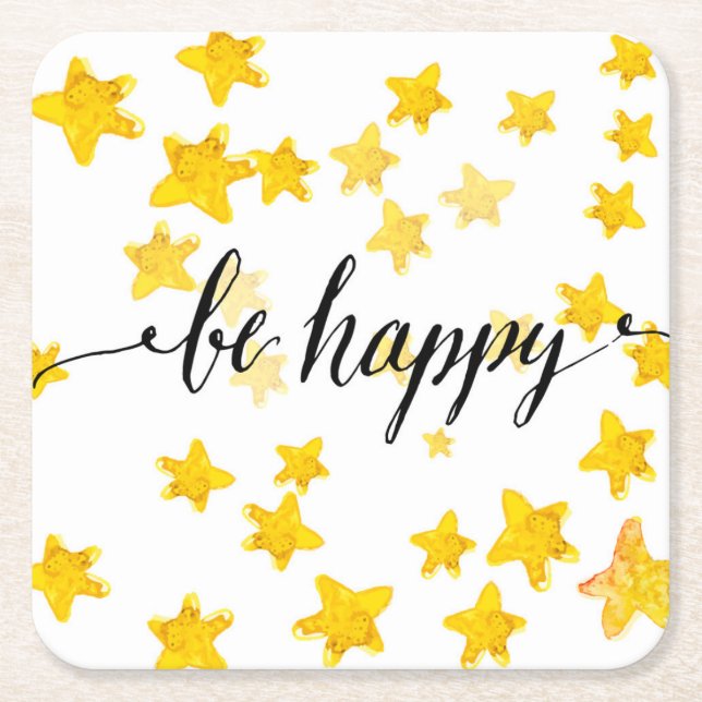 Be Happy 3 Square Paper Coaster (Front)