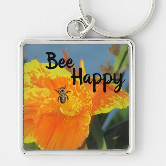 Be Happy Bee Pun Bright Orange Flower Photo Floral Keychain (Front)