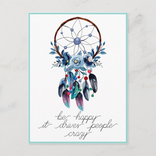 Be Happy Boho Dreamcatcher Feather Floral  Postcard (Front)