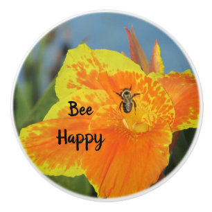 Be Happy Canna Lily Photo Bee Pun Pretty Flower Ceramic Knob