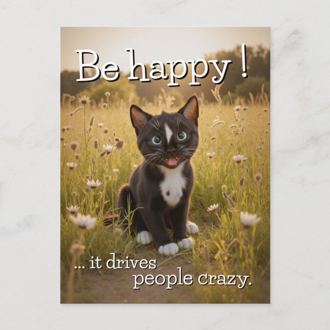 Be Happy – Cheerful Cat in Nature Postcard (Front)