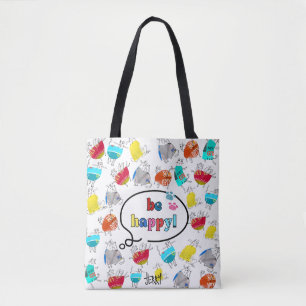 "Be Happy" Colourful Cat Design Tote Bag