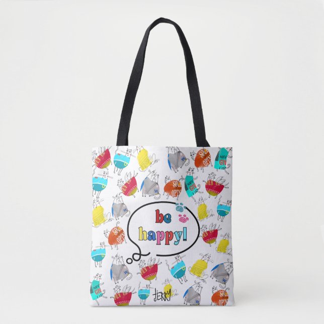 "Be Happy" Colourful Cat Design Tote Bag (Front)