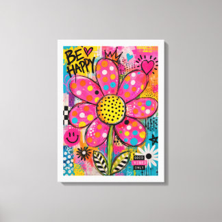 Be Happy Colourful Flower Pop Art Canvas Print