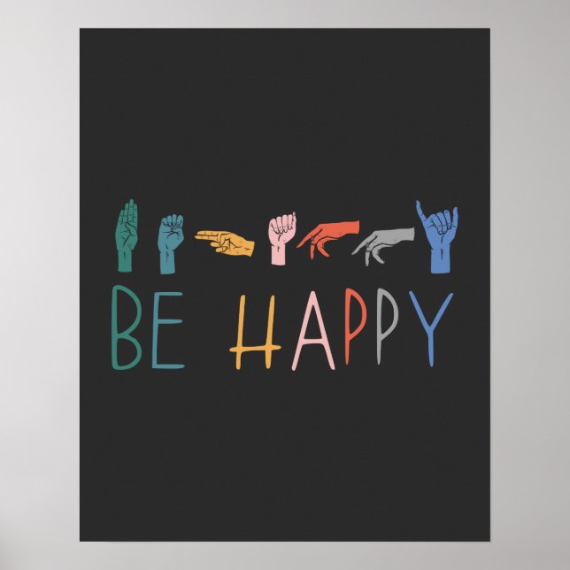 Be Happy Cute Colourful Vintage ASL Sign Language (Front)