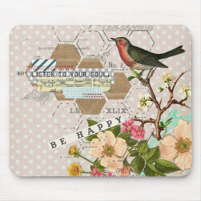 Be Happy Digital Bird collage Mouse Pad (Front)