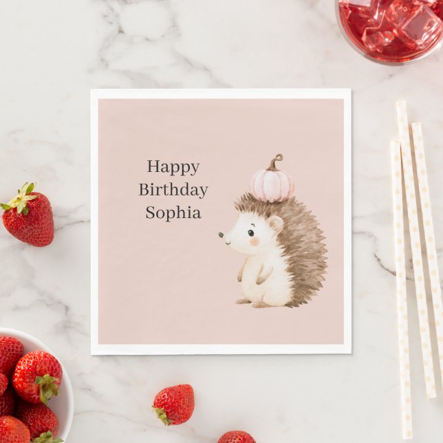 Be Happy Hedgehog Pink Pumpkin Napkin (Insitu)