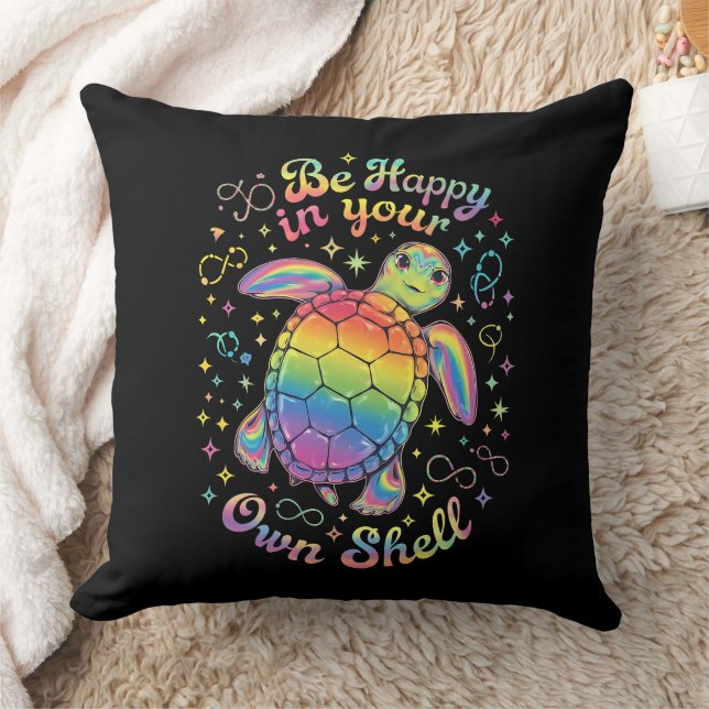 Be Happy In Your Own Shell Rainbow Turtle Autism Throw Pillow (Blanket)