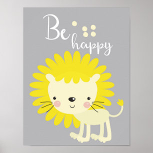 Be happy lion nursery room decor poster