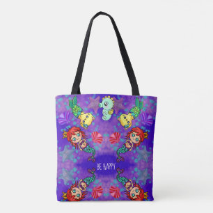Be Happy Mermaid with Cute Cat and Ocean Sun Tote Bag