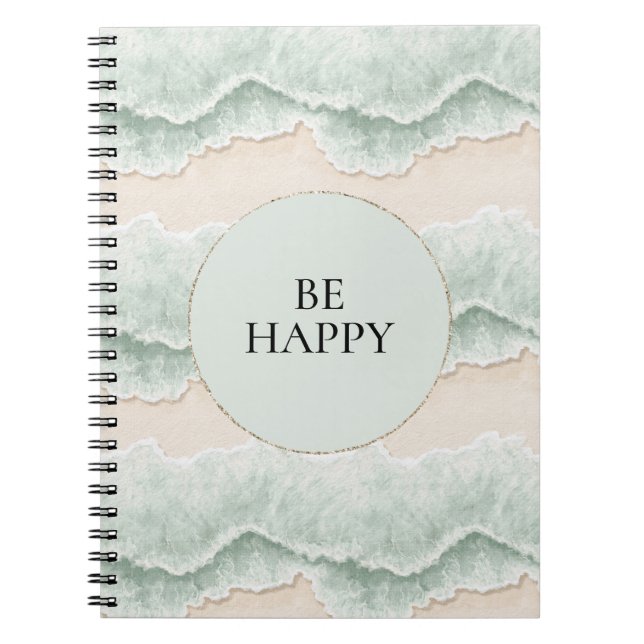Be Happy Mint Circle Beach Aqua Waves Notebook (Front)
