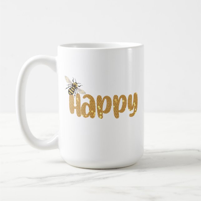 Be Happy, Nature Bee Lovers Honeycomb Pattern Coffee Mug (Left)