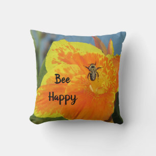 Be Happy Orange Lily Photo Bee Pun Nature Humour Throw Pillow