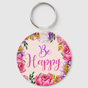 Be Happy Pink Peony Key Chain