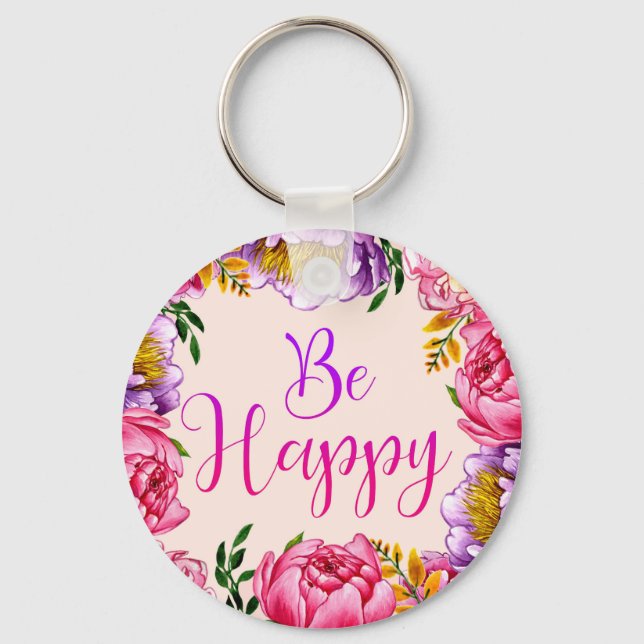 Be Happy Pink Peony Key Chain (Front)