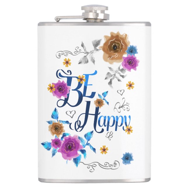 Be Happy Positive Quote Blue Purple Gold Flowers Hip Flask (Front)