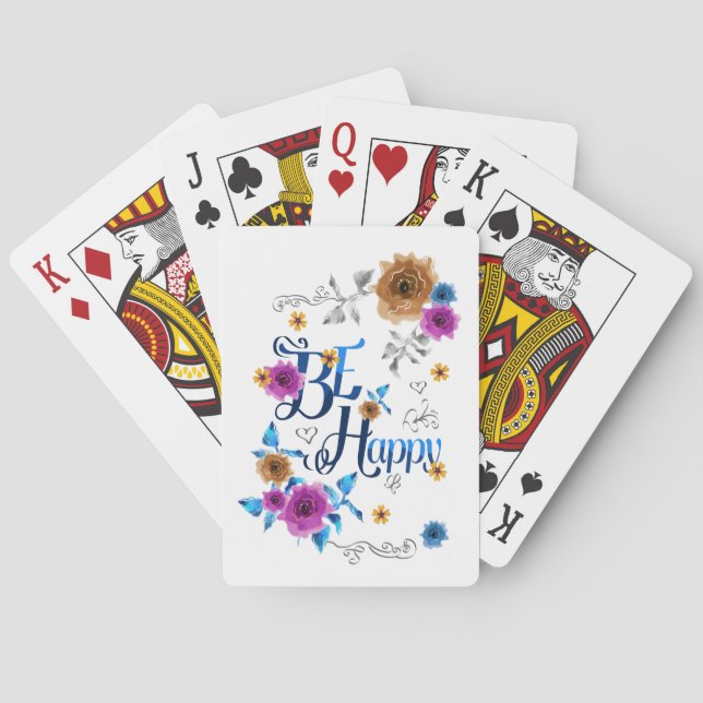 Be Happy Positive Quote Blue Purple Gold Flowers Playing Cards (Back)