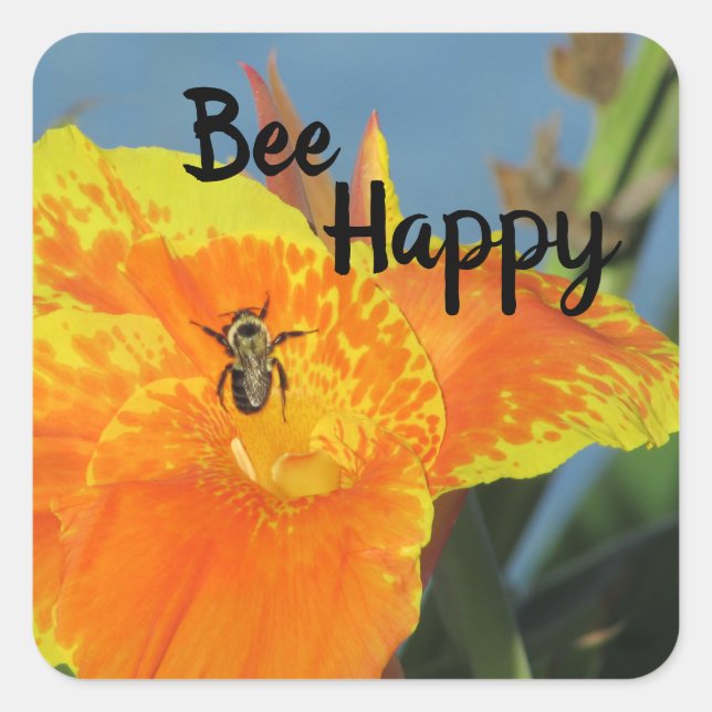 Be Happy Pretty Flower Photo Canna Lily Bee Pun Square Sticker (Front)