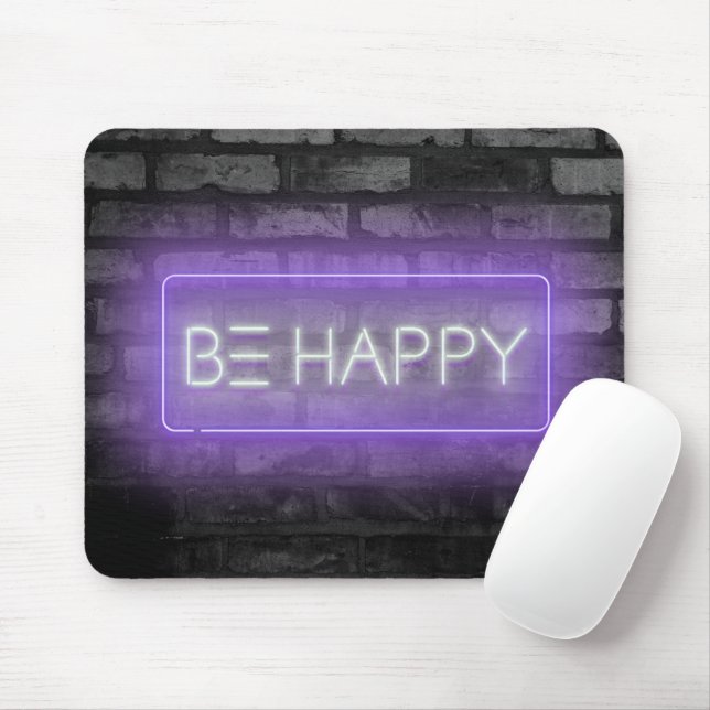 BE HAPPY Purple Neon Sign Mouse Pad (With Mouse)