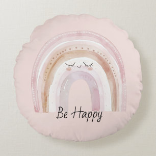 Be Happy Rainbow with Eyelashes Round Pillow