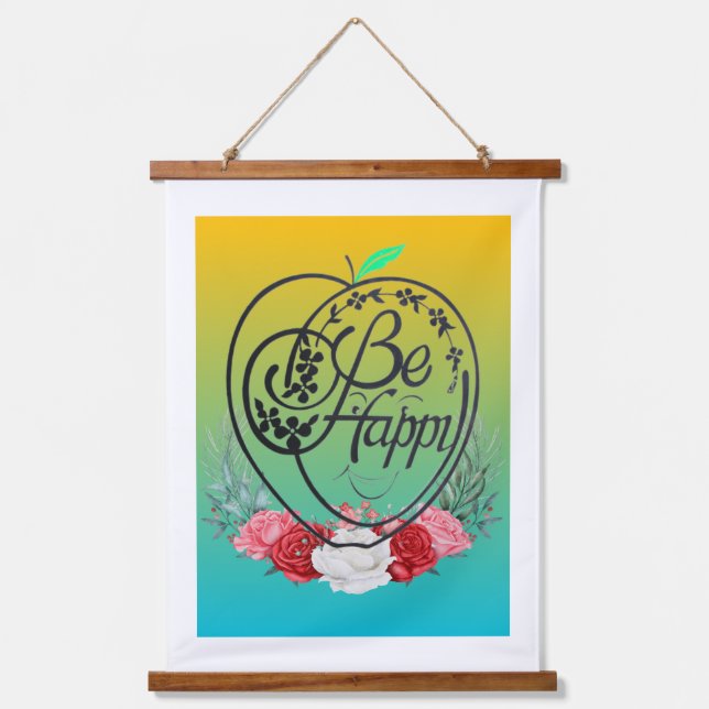 Be Happy Smiling Apple Hand drawn Topper  Hanging Tapestry (Front)