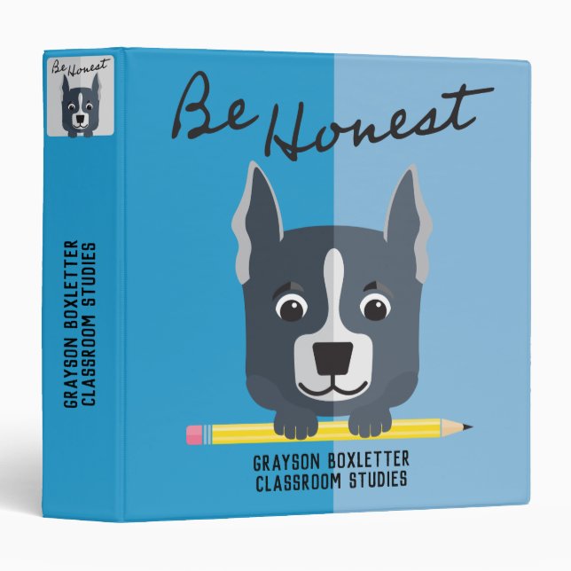 Be Honest Grey Cute Boxer Puppy Dog Blue Binder (Front/Spine)