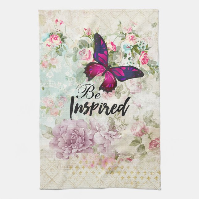 Be Inspired Quote & Pink Butterfly Shabby Collage Kitchen Towel (Vertical)