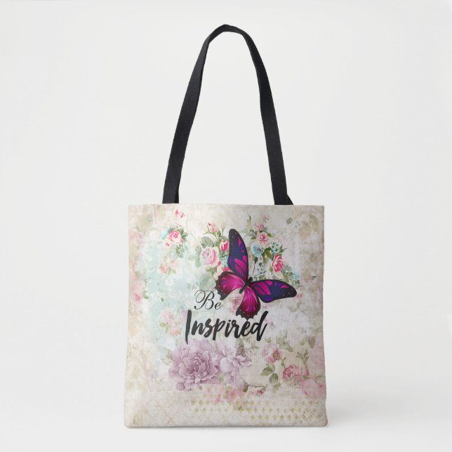 Be Inspired Quote & Pink Butterfly Shabby Collage Tote Bag (Front)