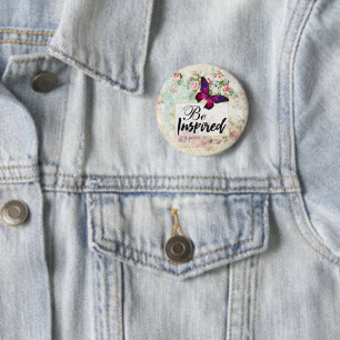 Be Inspired Quote & Pink Butterfly Vintage Collage 2 Inch Round Button