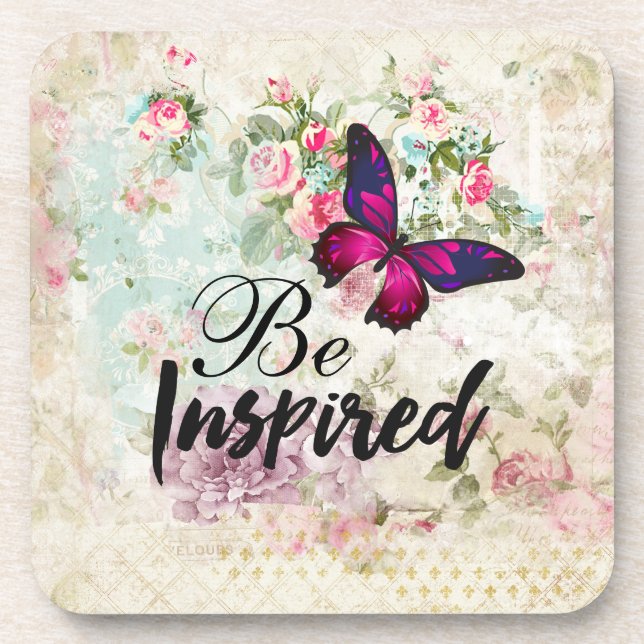 Be Inspired Quote & Pink Butterfly Vintage Collage Coaster (Front)