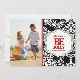 Be Jolly Vintage Black Damask Family Photo Card