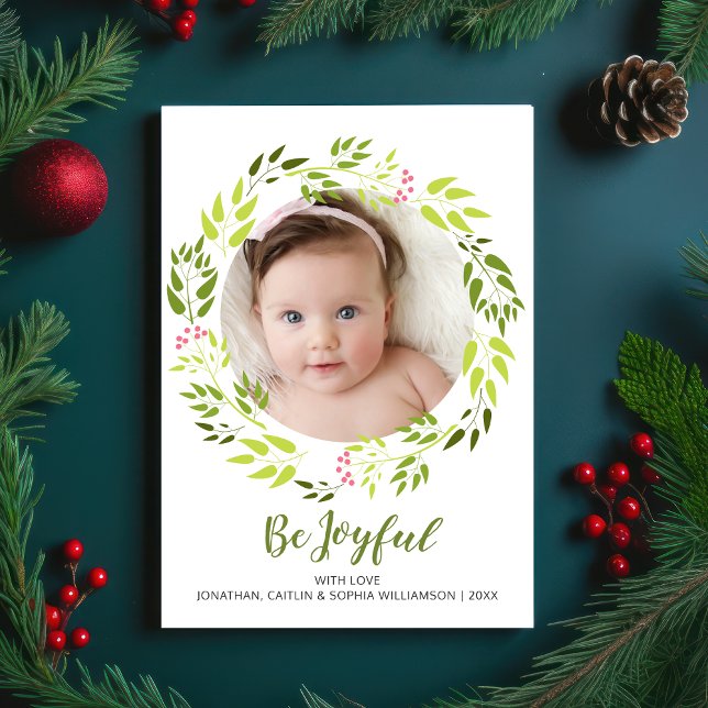 Be Joyful Christmas Botanical Wreath Holiday Photo (Creator Uploaded)
